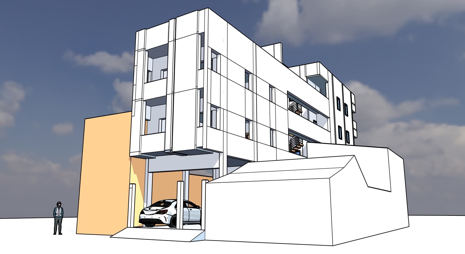 Padmavathy Apartments — rendered front elevation, evening view
